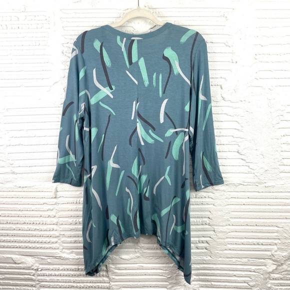 LOGO by Lori Goldstein Button Front Knit Cardigan Tunic Teal Abstract Print M - Picture 10 of 16